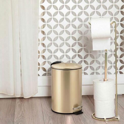 سلة مهملات ذهبية مصقولة أنيقة مع غطاء إغلاق ناعم - 3 لتر (0.8 جالون) - سلة مهملات معدنية مدمجة للحمام أو المكتب أو غرفة النوم - سلة مهملات أنيقة بدواسة مع دلو داخلي قابل للإزالة in Kuwait