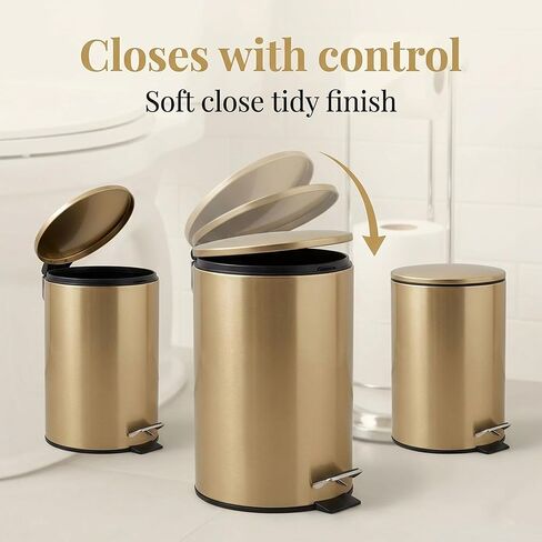 سلة مهملات ذهبية مصقولة أنيقة مع غطاء إغلاق ناعم - 3 لتر (0.8 جالون) - سلة مهملات معدنية مدمجة للحمام أو المكتب أو غرفة النوم - سلة مهملات أنيقة بدواسة مع دلو داخلي قابل للإزالة in Kuwait