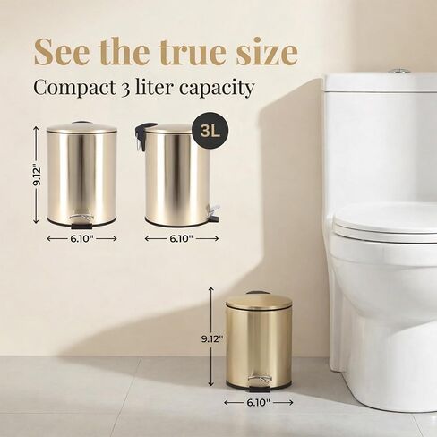 سلة مهملات ذهبية مصقولة أنيقة مع غطاء إغلاق ناعم - 3 لتر (0.8 جالون) - سلة مهملات معدنية مدمجة للحمام أو المكتب أو غرفة النوم - سلة مهملات أنيقة بدواسة مع دلو داخلي قابل للإزالة in Kuwait