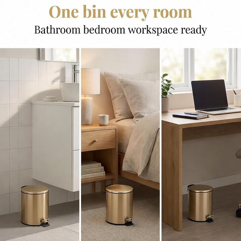 سلة مهملات ذهبية مصقولة أنيقة مع غطاء إغلاق ناعم - 3 لتر (0.8 جالون) - سلة مهملات معدنية مدمجة للحمام أو المكتب أو غرفة النوم - سلة مهملات أنيقة بدواسة مع دلو داخلي قابل للإزالة in Kuwait