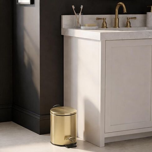 سلة مهملات ذهبية مصقولة أنيقة مع غطاء إغلاق ناعم - 3 لتر (0.8 جالون) - سلة مهملات معدنية مدمجة للحمام أو المكتب أو غرفة النوم - سلة مهملات أنيقة بدواسة مع دلو داخلي قابل للإزالة in Kuwait