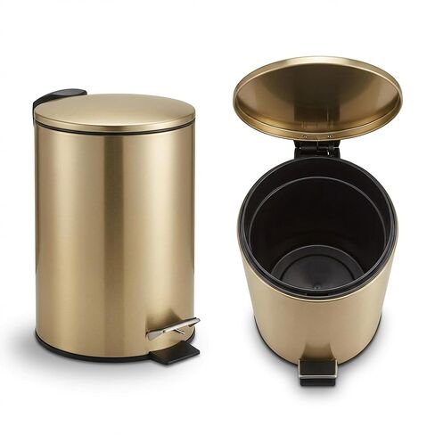 سلة مهملات ذهبية مصقولة أنيقة مع غطاء إغلاق ناعم - 3 لتر (0.8 جالون) - سلة مهملات معدنية مدمجة للحمام أو المكتب أو غرفة النوم - سلة مهملات أنيقة بدواسة مع دلو داخلي قابل للإزالة in Kuwait