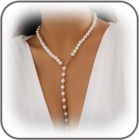 Vintage Long Beaded Pearl Chain Lariat Y Necklace for Women Y2K Simple Statement Gold Beads Tassel Necklaces Boho Prom Party Jewelry Accessories Gift in Saudi Arabia