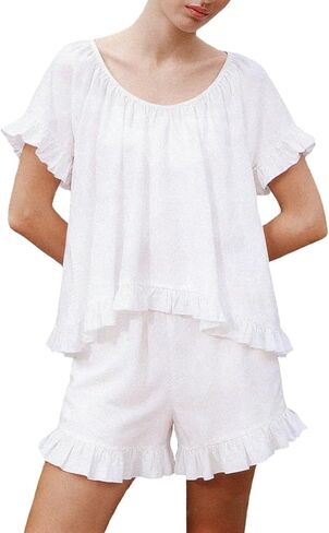 Womens 2 قطعة قصيرة مجموعة أزياء الصيف قصيرة الأكمام القطع القطع القمامة وسروال القطن مجموعات Pajama in Kuwait