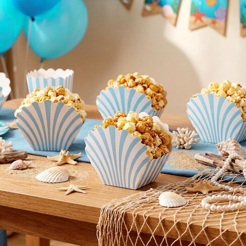 LemonRoad 24 Pcs Scalloped Blue Striped Popcorn Boxes Shell Last Toast on the Coast Party Favor Blue Seashell Treat Boxes for Coastal Beach Mermaid Themed Supplies Ocean Under the Sea Party Favors in Saudi Arabia