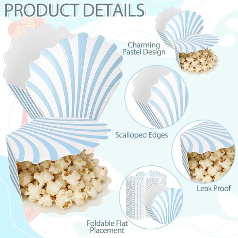 LemonRoad 24 Pcs Scalloped Blue Striped Popcorn Boxes Shell Last Toast on the Coast Party Favor Blue Seashell Treat Boxes for Coastal Beach Mermaid Themed Supplies Ocean Under the Sea Party Favors in Saudi Arabia