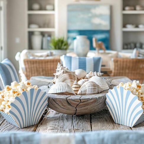 LemonRoad 24 Pcs Scalloped Blue Striped Popcorn Boxes Shell Last Toast on the Coast Party Favor Blue Seashell Treat Boxes for Coastal Beach Mermaid Themed Supplies Ocean Under the Sea Party Favors in Saudi Arabia