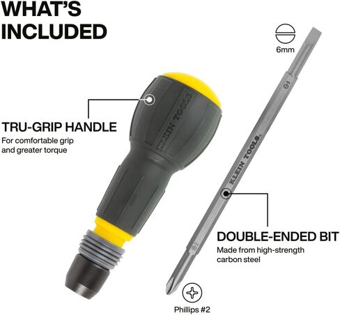 Klein Tools 32960A Fastbit Tru-Grip Screwdriver, Ball-Style Handle with Quick-Release Collar, #2 Phillips and 6 mm Slotted Double-Ended Bit, 1/4-Inch Bit Compatible in Saudi Arabia