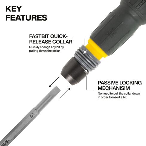 Klein Tools 32960A Fastbit Tru-Grip Screwdriver, Ball-Style Handle with Quick-Release Collar, #2 Phillips and 6 mm Slotted Double-Ended Bit, 1/4-Inch Bit Compatible in Saudi Arabia
