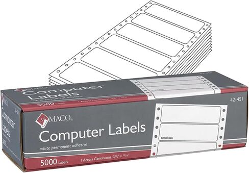 MACO White Pinfeed Labels, 4.25" Carrier Width, 12" Horz. Perf, 3-1/2" x 15/16", 1 Across, 5000/Bx in Saudi Arabia