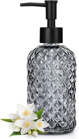 Topsky Stripe Glass Soap Dispenser with Black Plastic Pump, 400ml Liquid Hand Soap Dispenser, Rustproof Pump for Kitchen & Bathroom, Great for Lotions, Essential Oil, Liquid Soaps-Purple in Saudi Arabia