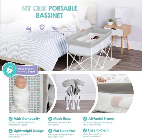 Regalo Baby Basics Infant Bassinet with Canopy, Award Winning Brand, Quick fold and Easy Setup, Removable Pad, See-Through Mesh, Bed-Side Bassinet, Gray in Kuwait