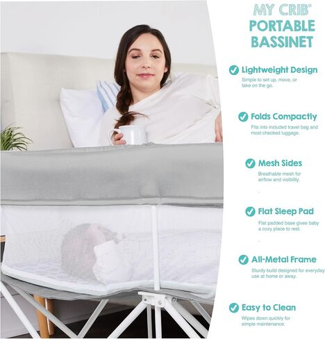 Regalo Baby Basics Infant Bassinet with Canopy, Award Winning Brand, Quick fold and Easy Setup, Removable Pad, See-Through Mesh, Bed-Side Bassinet, Gray in Kuwait