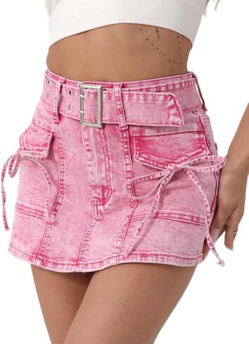 Women's High Waisted Denim Shorts with Belt Vibrant Hot Pink Stretch Jean Shorts for Summer in Kuwait
