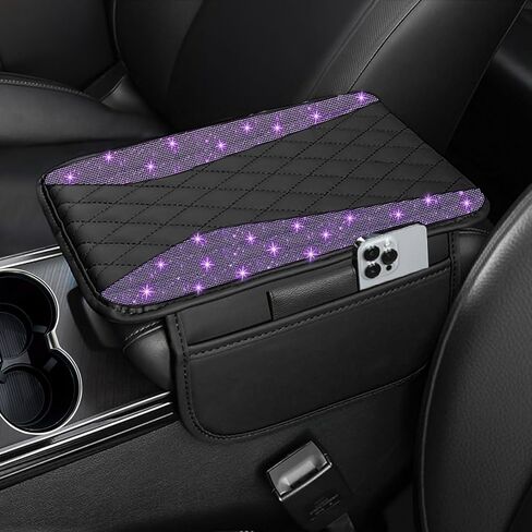 NBTEPEM Bling Car Center Console Cover, Leather Middle Console Cover with 2 Storage Bags, Universal Arm Rest Cover Protector, Bling Car Accessories Interior Fit for Most Vehicles, Silver Diamond in Kuwait