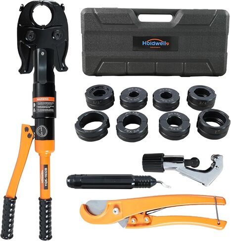 أداة ضغط الأنابيب النحاسية الهيدروليكية اليدوية، 3 فكوك VUS (1/2 بوصة، 3/4 بوصة، 1 بوصة) لأنابيب النحاس، رأس قابل للدوران 360 درجة، مع قاطع الأنابيب وأداة إزالة الأزيز، للمساحة الضيقة/تركيبات المحملة/الكوع in Kuwait