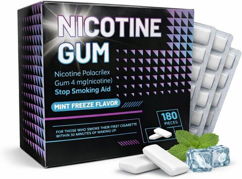 Nicotine Gum 4mg Mint Flavor Help Quit Smoking and Vaping Aid, Reduce Cravings - Nicotine Replacement Therapy, Smoke-Free Places, Work & Travel（180 Count） in Saudi Arabia