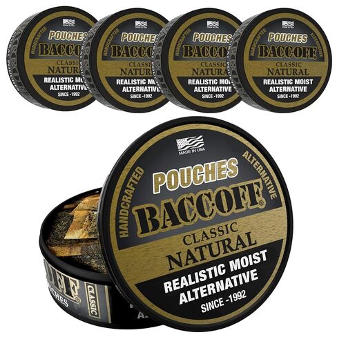 5 Cans, BaccOff Classic Natural Pouches, Black Tea Base with Smoky, Classic Flavors, 16 Pouches Per Can in Kuwait