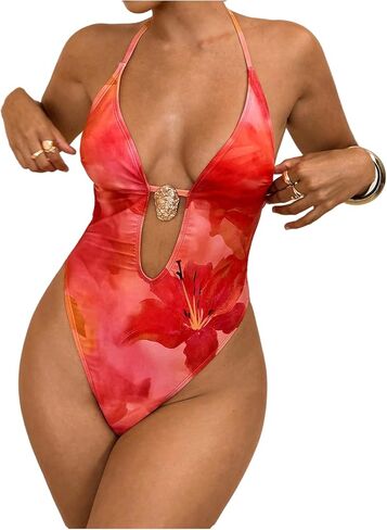 SOLY HUX Women's One Piece Swimsuit Floral Deep V Neck Halter Monokini High Cut Bathing Suit Vacation Beach Wear in Saudi Arabia