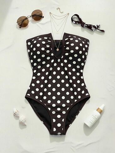 EDOLYNSA Polka Dot Deep V One Piece Swimsuit for Women High Cut Tummy Control Bathing Suit Monokini Beach 1 Piece Swimwear in Saudi Arabia