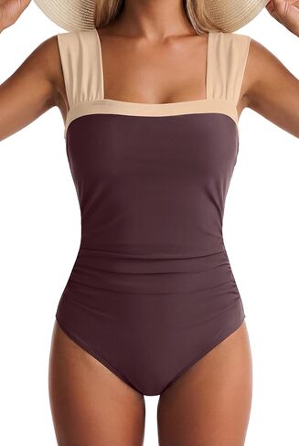 بدلة سباحة من قطعة واحدة للسيدات، ملابس سباحة للتحكم في البطن، تغطية كاملة، أشرطة واسعة، ملابس سباحة ملونة in Kuwait