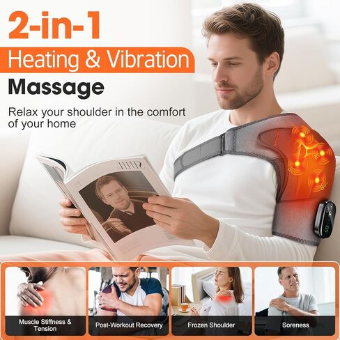 Shoulder Heating Pad with Massage, Cordless Heated Shoulder Brace Wrap Massager for Pain Relief Deep Tissue, Rotator Cuff Heating Pad, Gray in Kuwait