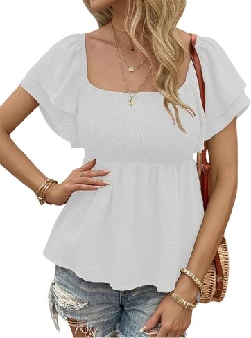 Womens Square Neck Ruffle Short Sleeve Peplum Tops Cute Smocked Babydoll Summer Blouses in Kuwait
