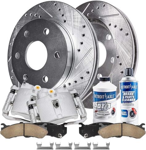 Detroit Axle - Front 8pc Brake Kit for Chevy Silverado GMC Sierra Savana Express Yukon XL 1500 Escalade ESV EXT, Drilled Slotted Disc Brake Rotors Ceramic Brake Pads Brake Calipers Replacement in Saudi Arabia