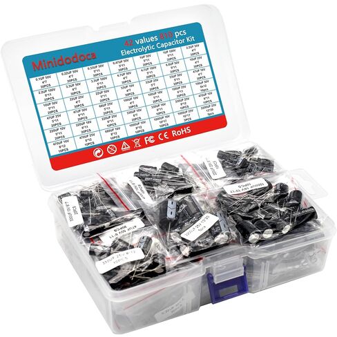 42 Values 810 Pieces, 0.1uF-2200uF, 10V 16V 25V 50V 100V, Electrolytic Capacitor Assortment Kit, DIY in-line Aluminum Capacitors Set, Direct Insertion Series in Saudi Arabia