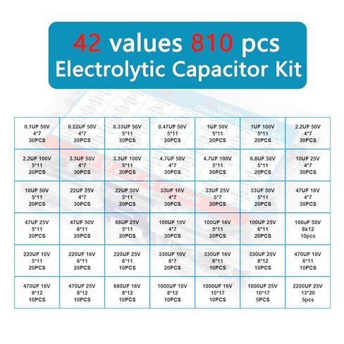 42 Values 810 Pieces, 0.1uF-2200uF, 10V 16V 25V 50V 100V, Electrolytic Capacitor Assortment Kit, DIY in-line Aluminum Capacitors Set, Direct Insertion Series in Saudi Arabia