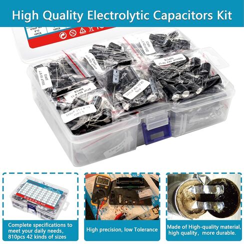 42 Values 810 Pieces, 0.1uF-2200uF, 10V 16V 25V 50V 100V, Electrolytic Capacitor Assortment Kit, DIY in-line Aluminum Capacitors Set, Direct Insertion Series in Saudi Arabia