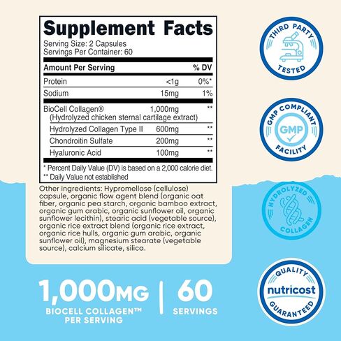 Nutricost BioCell Collagen (1,000mg) 120 Capsules - Hydrolyzed Type II Collagen Supplement, GMO-Free, Gluten-Free, 60 Servings in Saudi Arabia