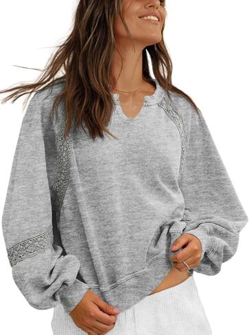 Womens Oversized Sweatshirt Casual V Neck Lace Lantern Long Sleeve Cropped Loose Fit Fall Pullover Tops in Saudi Arabia
