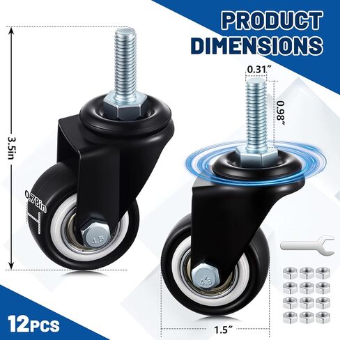 BBTO 12 Pack 1.5 Inch Swivel Caster Wheels PU 360 Degree Threaded Stem Caster Wheel M8 x 25mm, 330lb Total Load Capacity, for Handcarts, Furniture, Flatbed Carts, Workbenches, Small Equipment in Saudi Arabia