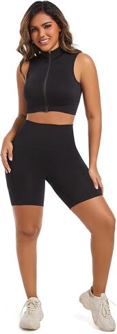 2 Piece Women Workout Sets Activewear Set Zip Front Tank Top High Waist Biker Shorts With Pocket Gym Outfit in Saudi Arabia