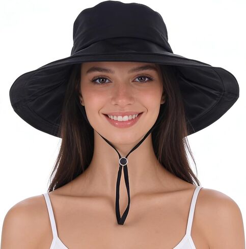 Women's UPF 50+ Waterproof Wide Brim Sun Bucket Hat with Ponytail Hole | Adjustable Fit & Shapable Brim, Packable & Lightweight for Beach Hiking Fishing Gardening in Kuwait