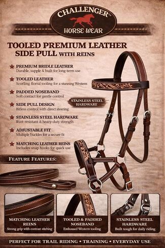 Horse Western Leather Bitless Sidepull Bridle Split Reins 77RS29BR in Saudi Arabia