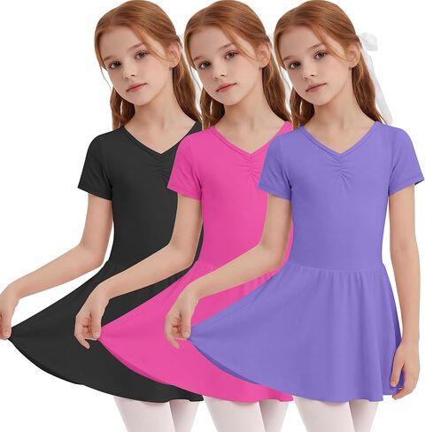 3 Pack Girl's Ballet Leotards Short Sleeve V Neck Dance Dress Toddler Classical Ballerina Soft Stretch Outfits in Saudi Arabia