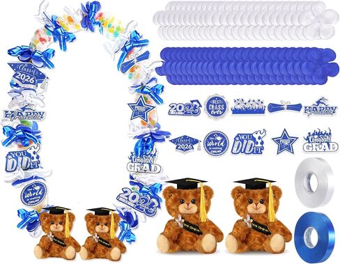 RoundFunny 82 قطعة 2024 حلوى التخرج Leis DIY مجموعة صنع شبكية أنابيب هدية التخرج محشوة الدببة القطيفة Grad Glitter Card Candy Lei أكياس للتخرج تهنئة الاحتفال بالحفلة (أزرق، أبيض) in Kuwait