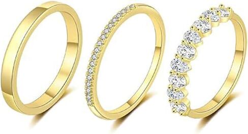 خواتم ذهبية أنيقة قابلة للتكديس، مجموعة خواتم متعددة مرصعة بالذهب مرصعة بالكريستال، حلقات مكتنزة مكعبة من الزركونيا مطلية بالذهب عيار 14 قيراط للنساء والفتيات المراهقات in Kuwait