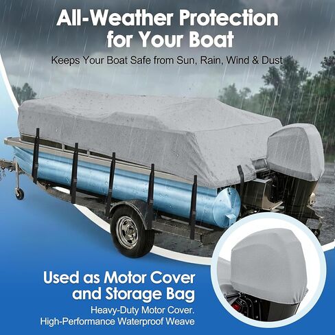 Pontoon Boat Cover 17-20 ft,900D Waterproof Boat Cover for Pontoon Boat, Heavy Duty Trailerable Pontoon Cover with Motor Cover,Fits 17', 18', 19' and 20' Pontoon Boats,14 Tie-Down Straps, Gray in Saudi Arabia