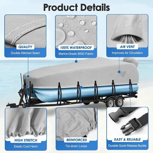 Pontoon Boat Cover 17-20 ft,900D Waterproof Boat Cover for Pontoon Boat, Heavy Duty Trailerable Pontoon Cover with Motor Cover,Fits 17', 18', 19' and 20' Pontoon Boats,14 Tie-Down Straps, Gray in Saudi Arabia