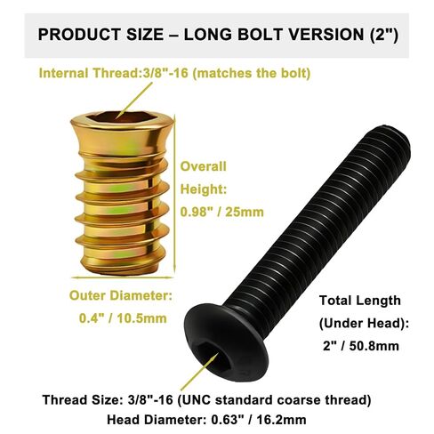 طقم إدخال ملولب للأثاث مقاس 3/8 بوصة - 16، و15 إدراجًا مطليًا بالزنك (25 مم) و15 مسمارًا من الدرجة 10.9 (2 بوصة)، مع مفاتيح ربط 10 مم و5.5 مم وريشة ثقب 13 مم لإصلاح وتجميع الأثاث الخشبي شديد التحمل in Kuwait