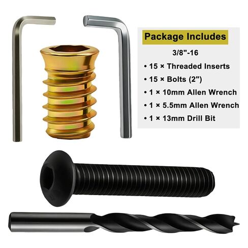 طقم إدخال ملولب للأثاث مقاس 3/8 بوصة - 16، و15 إدراجًا مطليًا بالزنك (25 مم) و15 مسمارًا من الدرجة 10.9 (2 بوصة)، مع مفاتيح ربط 10 مم و5.5 مم وريشة ثقب 13 مم لإصلاح وتجميع الأثاث الخشبي شديد التحمل in Kuwait