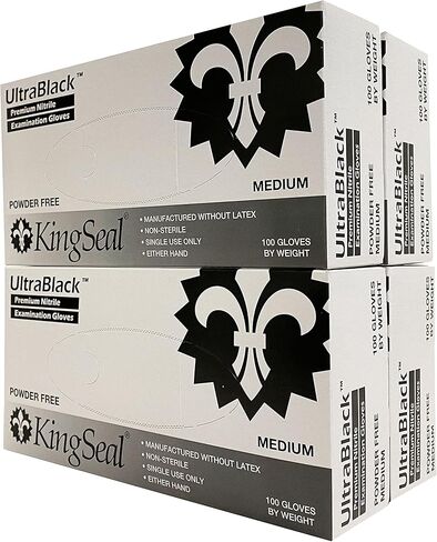 KingSeal 400 Count UltraBlack MEDIUM Textured Medical Grade Nitrile Gloves, Black, Powder Free, 4 Mils - 4 Boxes of 100 Gloves by Weight in Kuwait