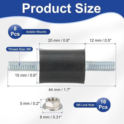 PATIKIL M5 15x20mm Rubber Isolator Mounts, 8 Pcs Rubber Studs Shock Absorber Anti-Vibration Isolation Damping Mounts with Lock Nuts for Motor, Air Compressor, Engines (44mm Height) in Saudi Arabia