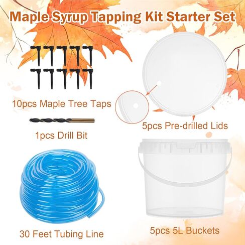 5 Sets Maple Syrup Tapping Kit Including 5 Buckets (5L) with Lid, 30ft Tubing, 10 Tree Taps, 1 Tap & Drill Bit Maple Tree Tapping Kit for Experts or Beginners Maple Birch Syrup Collection Supplies in Kuwait
