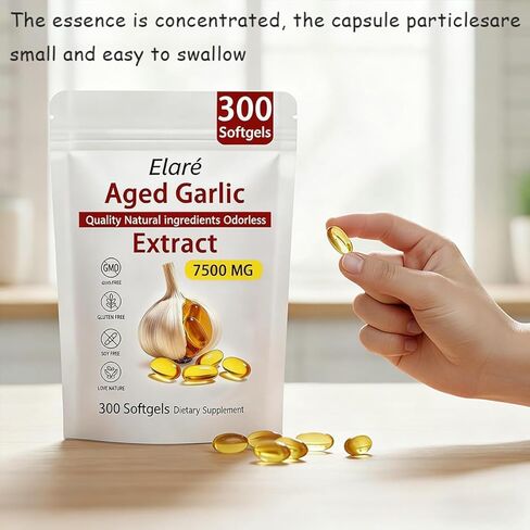 Elare Aged Garlic Extract - 300 Count 7500mg Odorless Organic Garlic Supplement for Heart & Immune Support, 2 Years Aged Garlic Extract, Vegetarian, Non-GMO, All-Natural, Antioxidant Wellness in Saudi Arabia