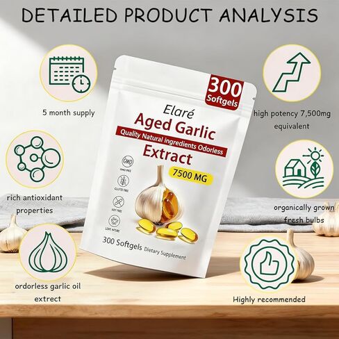 Elare Aged Garlic Extract - 300 Count 7500mg Odorless Organic Garlic Supplement for Heart & Immune Support, 2 Years Aged Garlic Extract, Vegetarian, Non-GMO, All-Natural, Antioxidant Wellness in Saudi Arabia