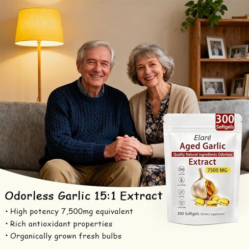 Elare Aged Garlic Extract - 300 Count 7500mg Odorless Organic Garlic Supplement for Heart & Immune Support, 2 Years Aged Garlic Extract, Vegetarian, Non-GMO, All-Natural, Antioxidant Wellness in Saudi Arabia